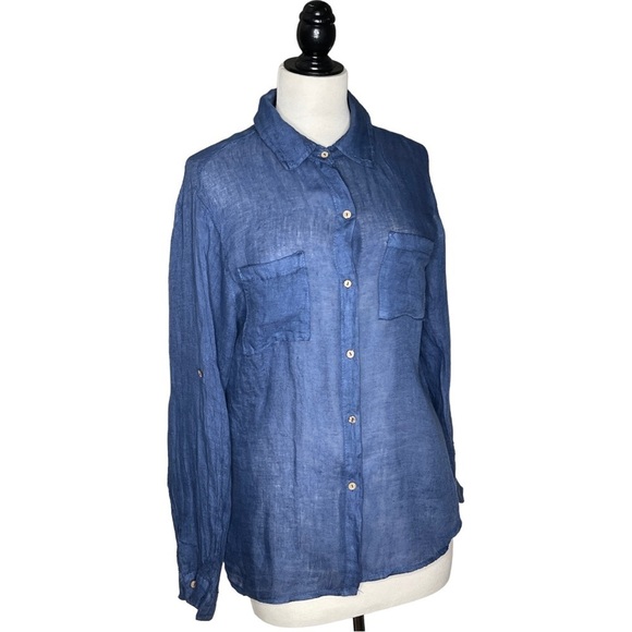 Talia Benson Italy Linen Roll Tab Sleeve Shirt - Picture 1 of 10